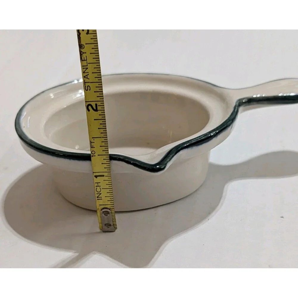 Ceramic Butter Melting Pot Dipping Dish With Spout & Handle White Black Rim